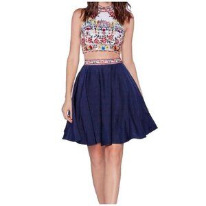 For You DRESS Size XXL White Blue EMBROIDERED 2 Piece Skirt Crop Top Pageant NWT